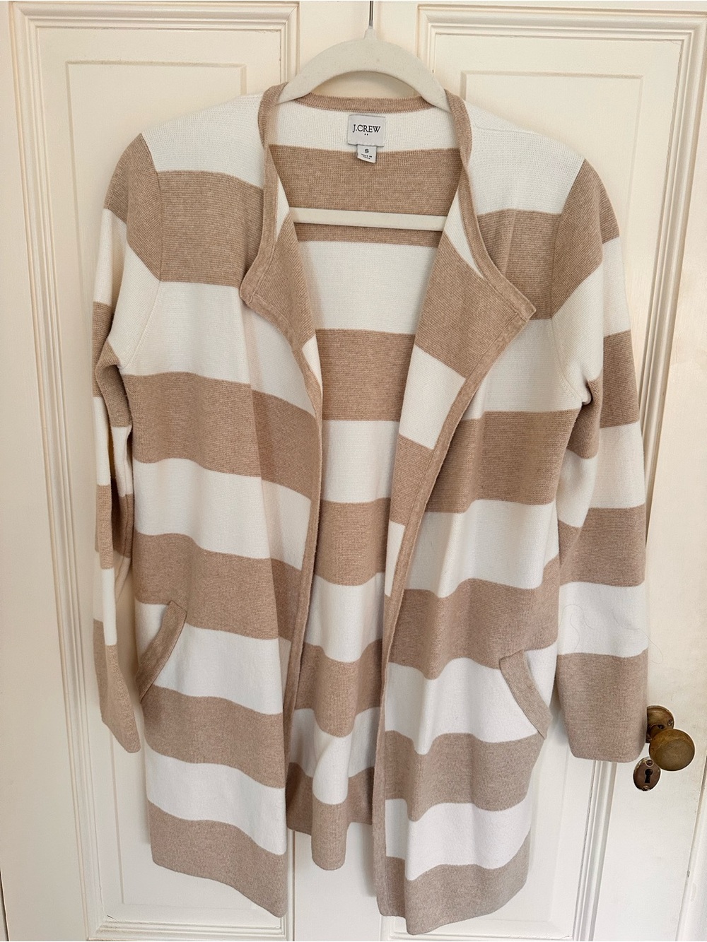 J. Crew Cream and Tan Striped Open-Front Cardigan